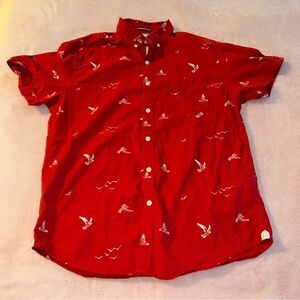 Denim & Flower red with white bird print short sleeve button shirt slim fit S